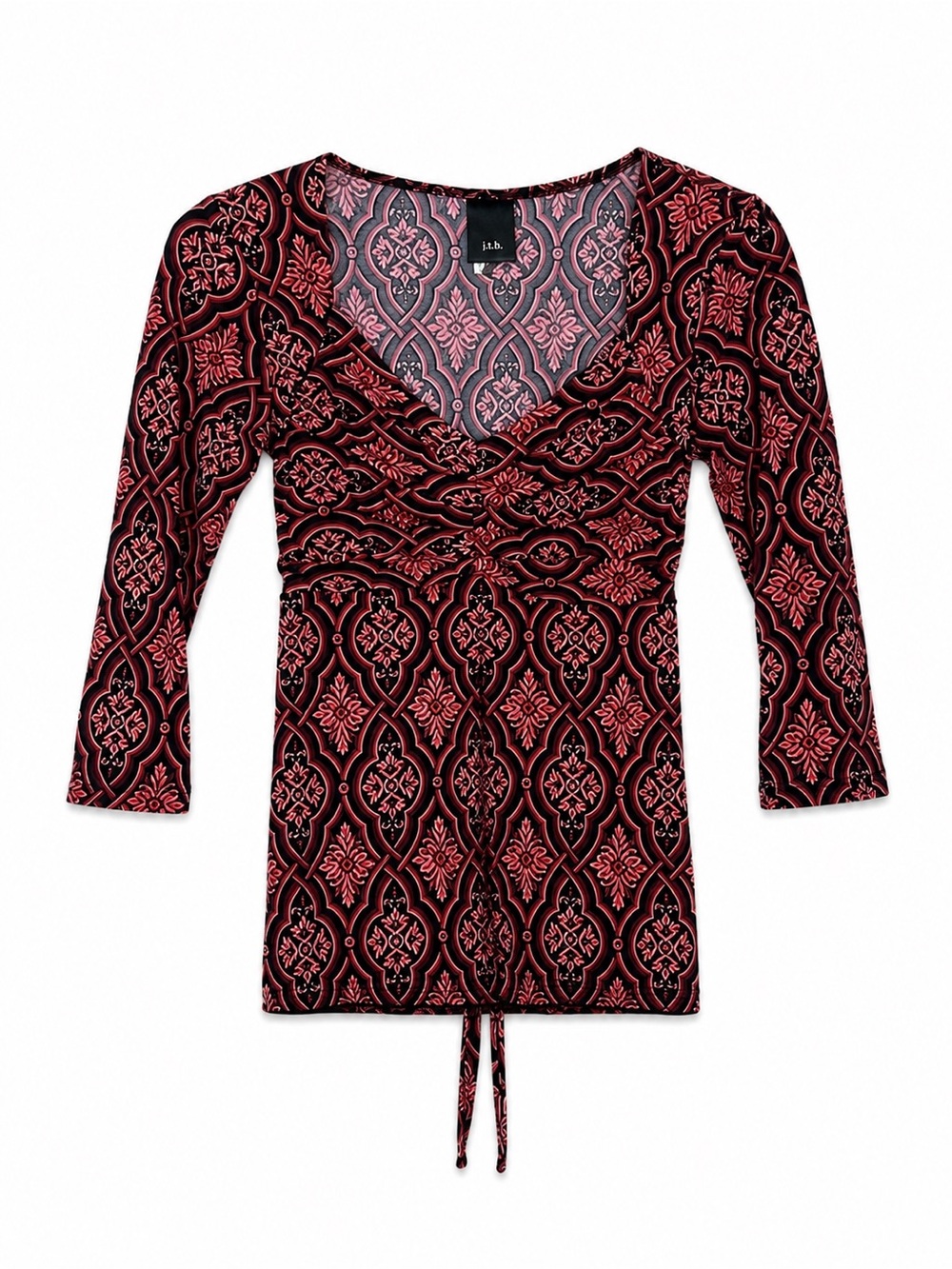 JTB Black Red Medallion Print Ruched Tie Front Tunic Top Size S 3/4 Sleeve